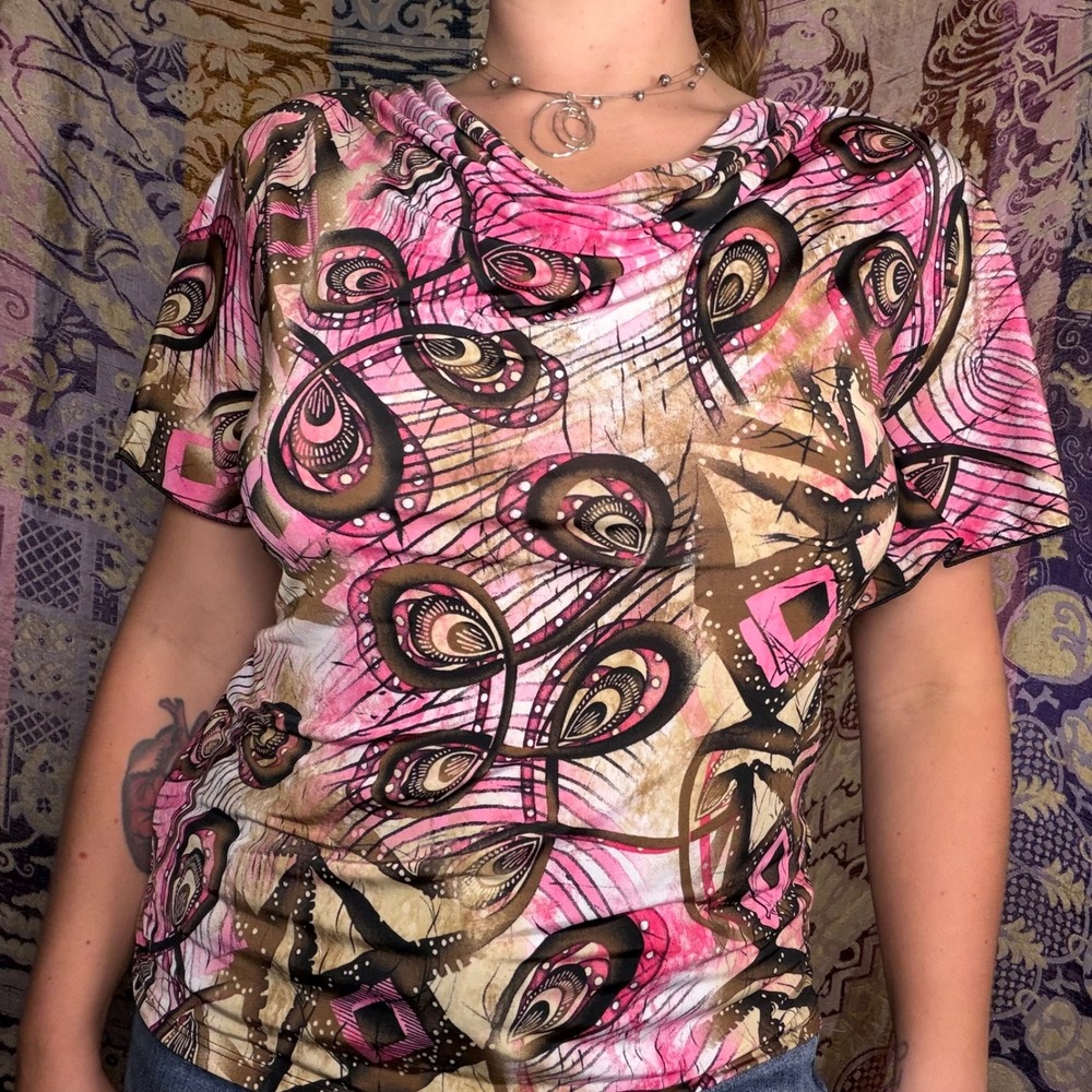 Whimsy Brown+Pink Cowl Neck Flowy Blouse Artsy Boho Indie Oversized S